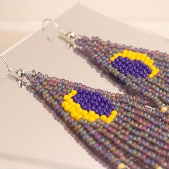 Moon Boho Seed Bead Tassel Dangling Statement French Wire Hook Earrings - Picture 5 of 9